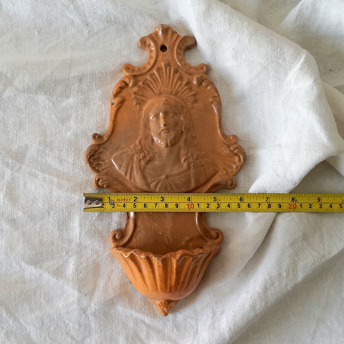 French antique glazed stoneware Holy Water font/stoup with Jesus Christ in relief.