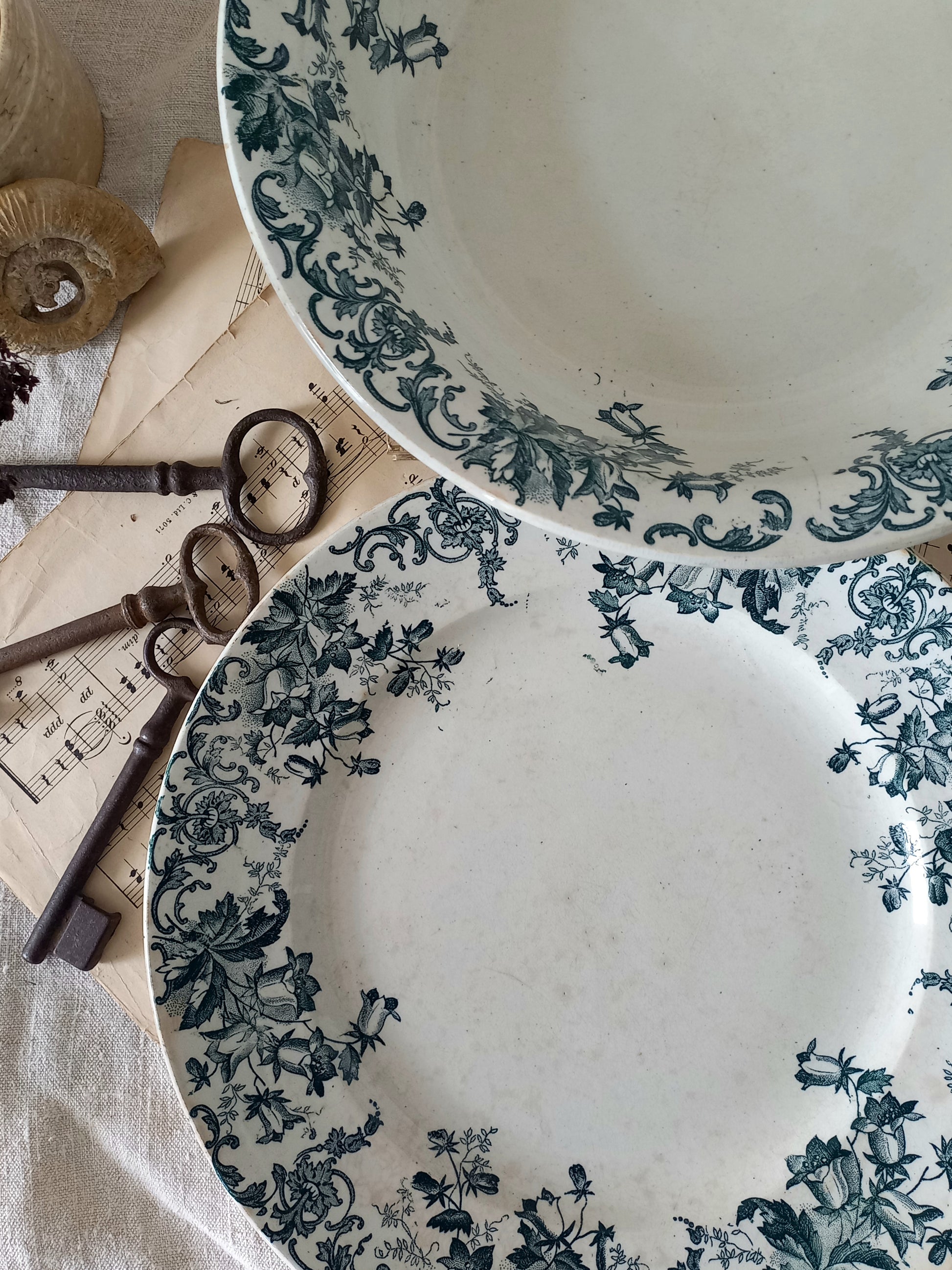 French Antique Large White Ironstone Plate and Dish with Teal Floral Transferware Pattern