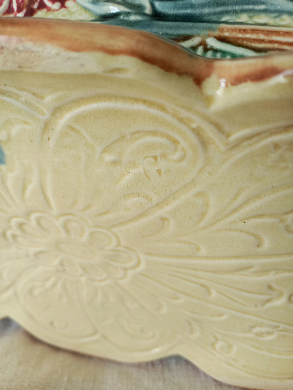 Decorative underside of a Large Antique Majolica Planter
