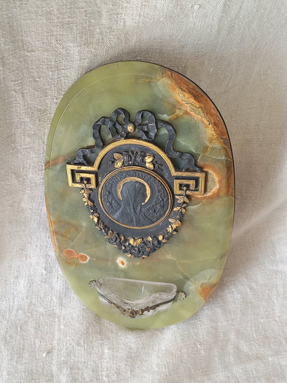 French antique Holy Water font made from onyx with intricate decorative detailing made from metal, a glass water font , and a brass back-plate with a hanging hook