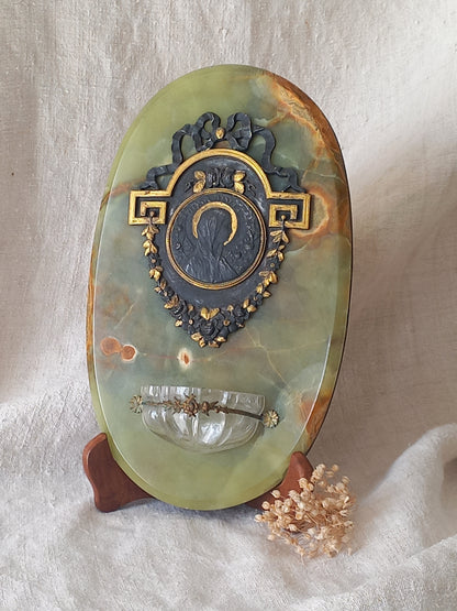 French antique Holy Water font made from onyx with intricate decorative detailing made from metal, a glass water font , and a brass back-plate with a hanging hook.
