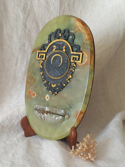French antique Holy Water font made from onyx with intricate decorative detailing made from metal, a glass water font , and a brass back-plate with a hanging hook.