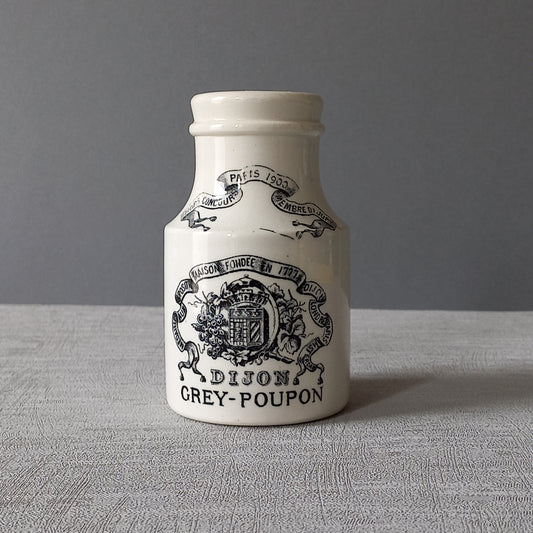 A beautiful French antique white ironstone mustard pot. This wonderful old jar was made by premier French manufacturer Sarreguemines and the maker's mark dates this particular pot as circa. late 1800s to early 1900s