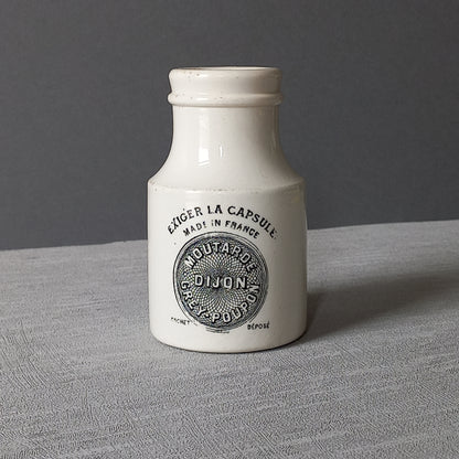 A beautiful French antique white ironstone mustard pot. This wonderful old jar was made by premier French manufacturer Sarreguemines and the maker's mark dates this particular pot as circa. late 1800s to early 1900s