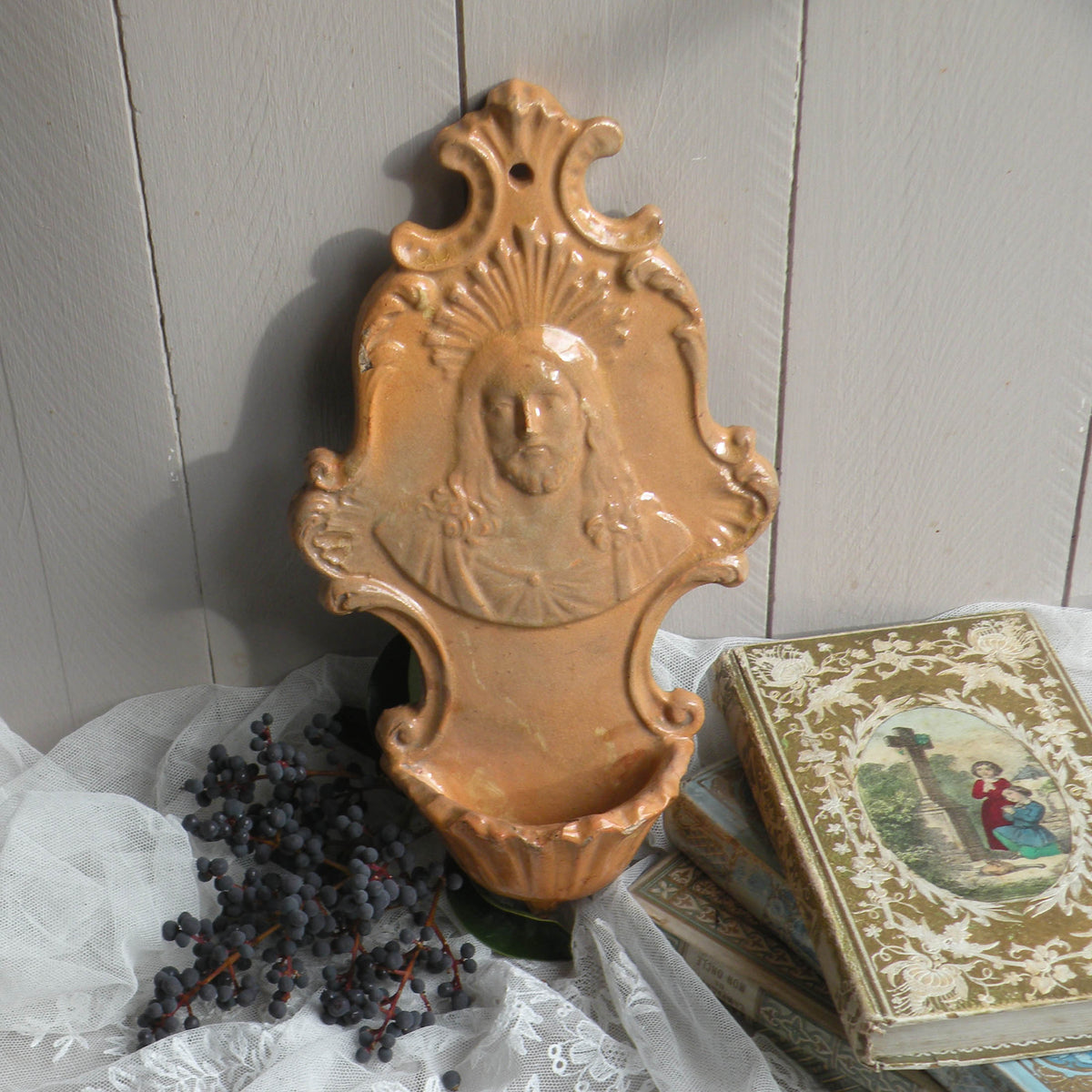 French antique glazed stoneware Holy Water font/stoup with Jesus Christ in relief.