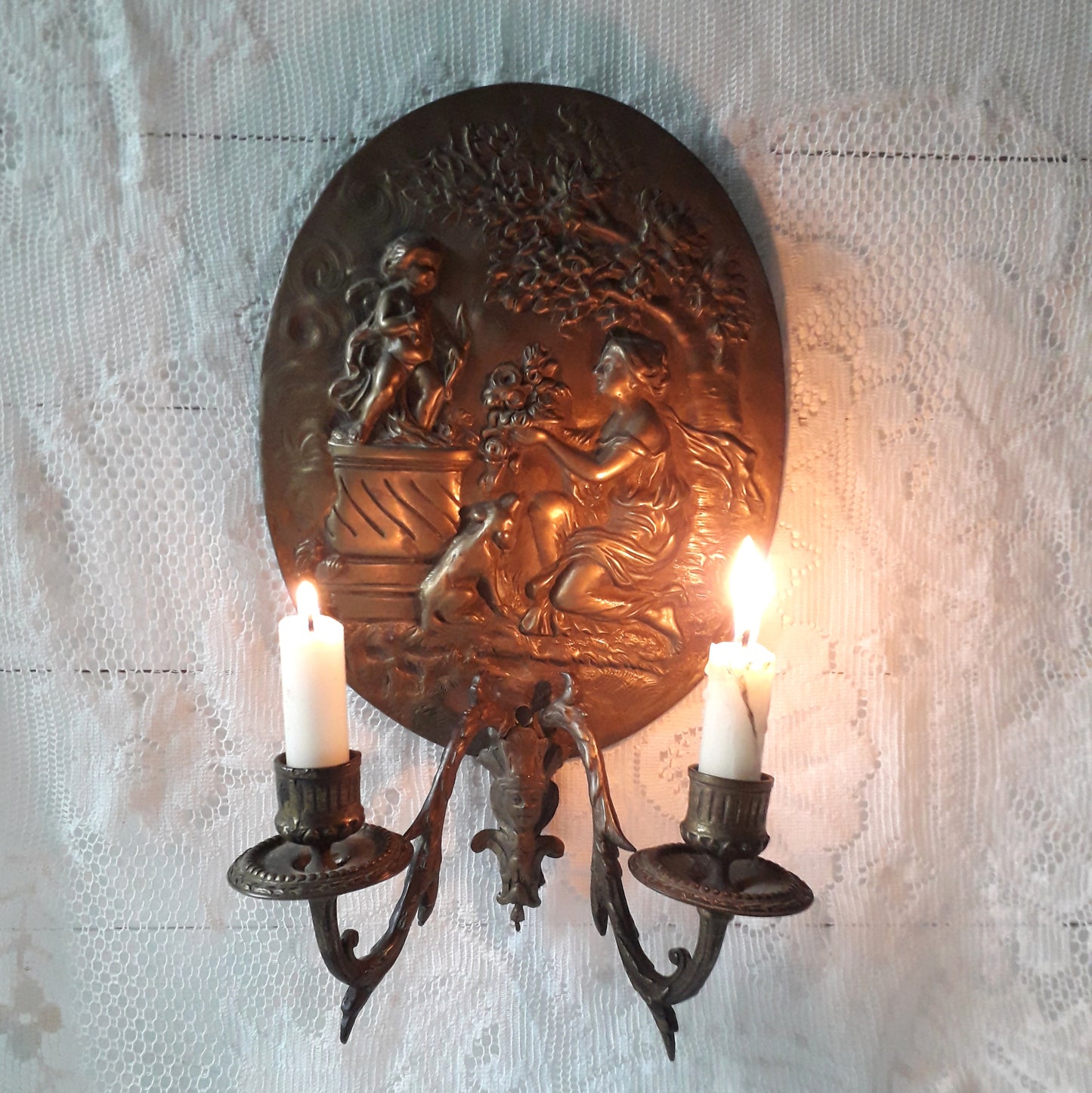 Antique wall mounted decorative candle holder sconce from France, brass or bronze candle holder for wall