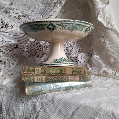 French antique ironstone compotier or footed cake plate with teal floral pattern, decorative fruit dish, dish for cakes