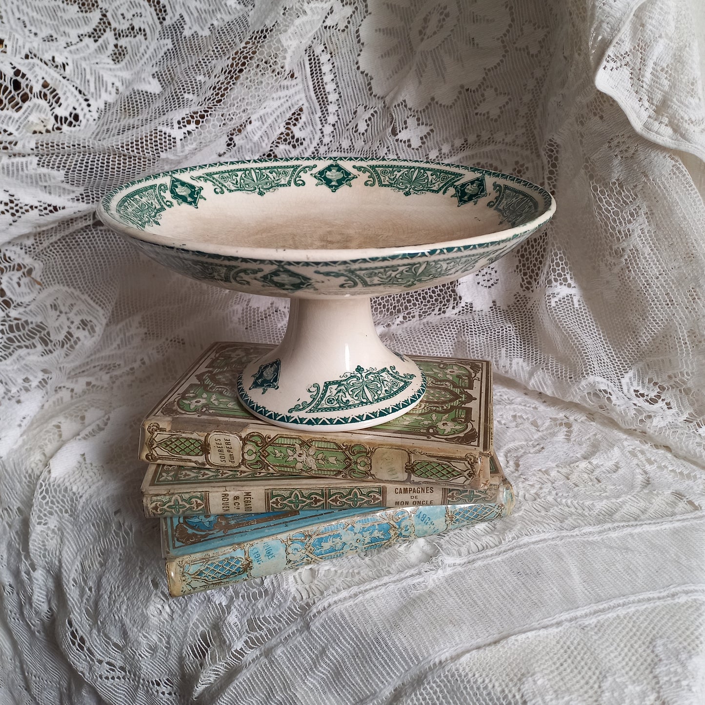 French antique ironstone compotier or footed cake plate with teal floral pattern, decorative fruit dish, dish for cakes