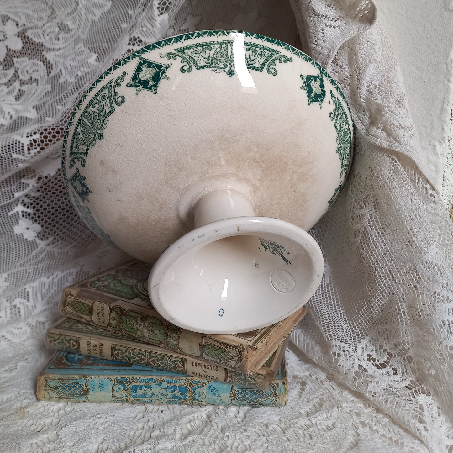 French antique ironstone compotier or footed cake plate with teal floral pattern, decorative fruit dish, dish for cakes