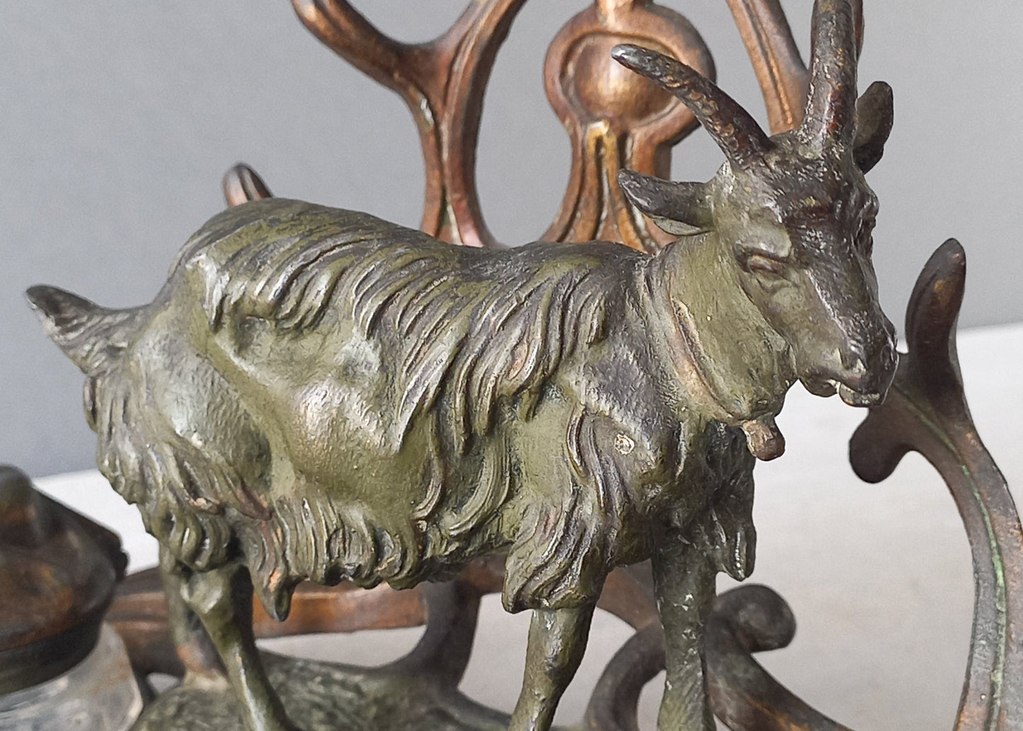 Large antique French goat inkwell, art nouveau double inkwell