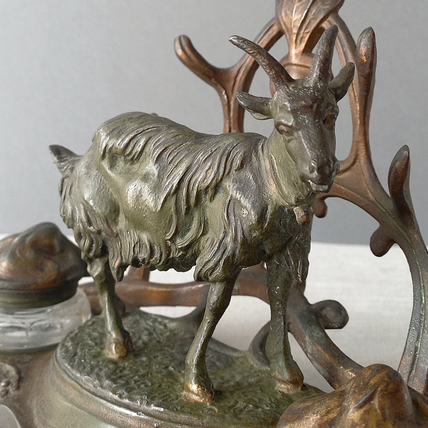 Large antique French goat inkwell, art nouveau double inkwell