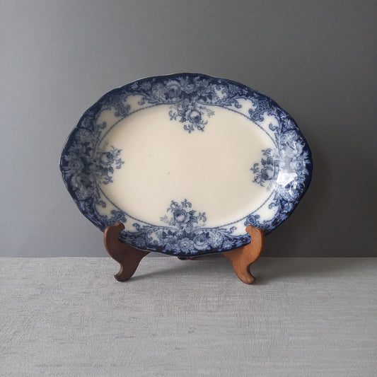 Antique ironstone oval serving plate with blue floral pattern, antique serving platter