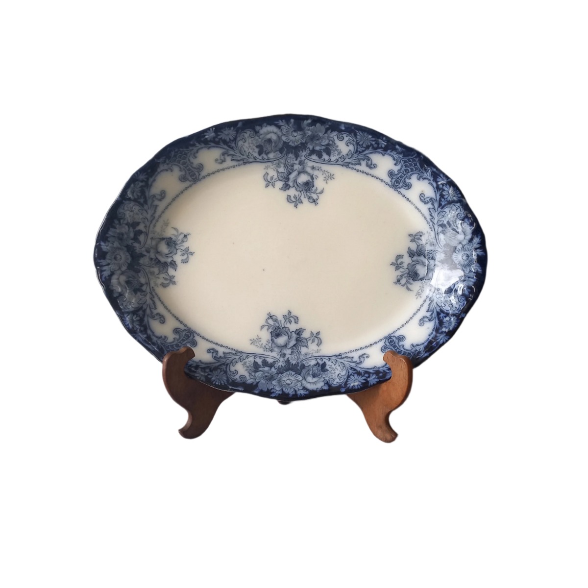 Antique ironstone oval serving plate with blue floral pattern, antique serving platter