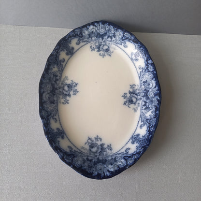 Antique ironstone oval serving plate with blue floral pattern, antique serving platter