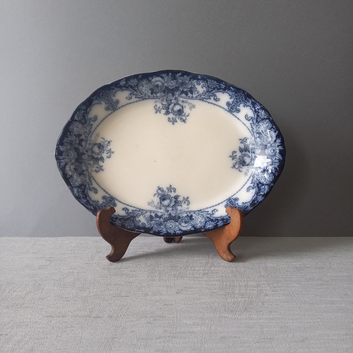 Antique ironstone oval serving plate with blue floral pattern, antique serving platter