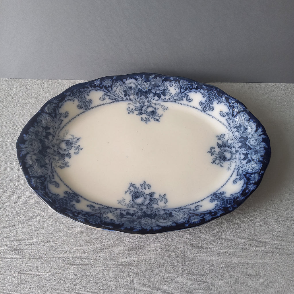 Antique ironstone oval serving plate with blue floral pattern, antique serving platter