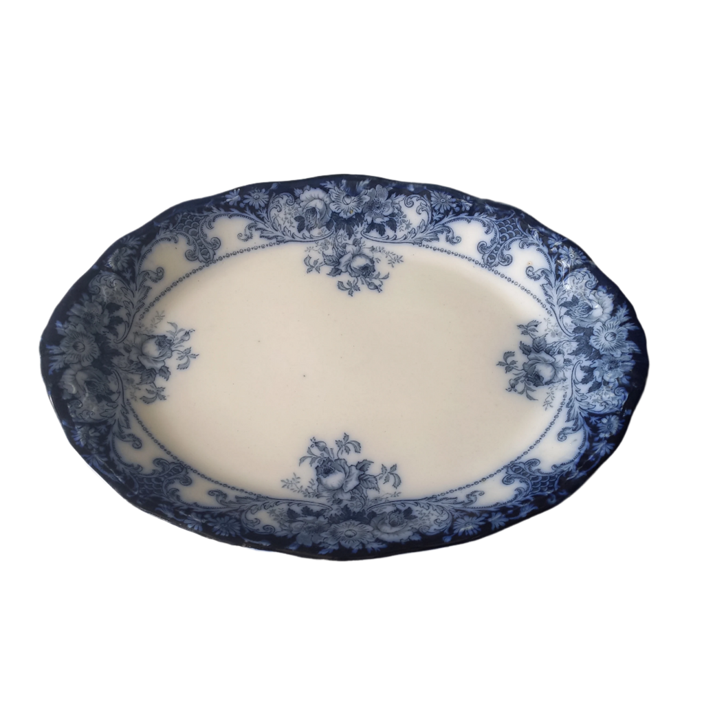 Antique ironstone oval serving plate with blue floral pattern, antique serving platter