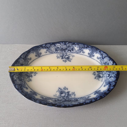 Antique ironstone oval serving plate with blue floral pattern, antique serving platter