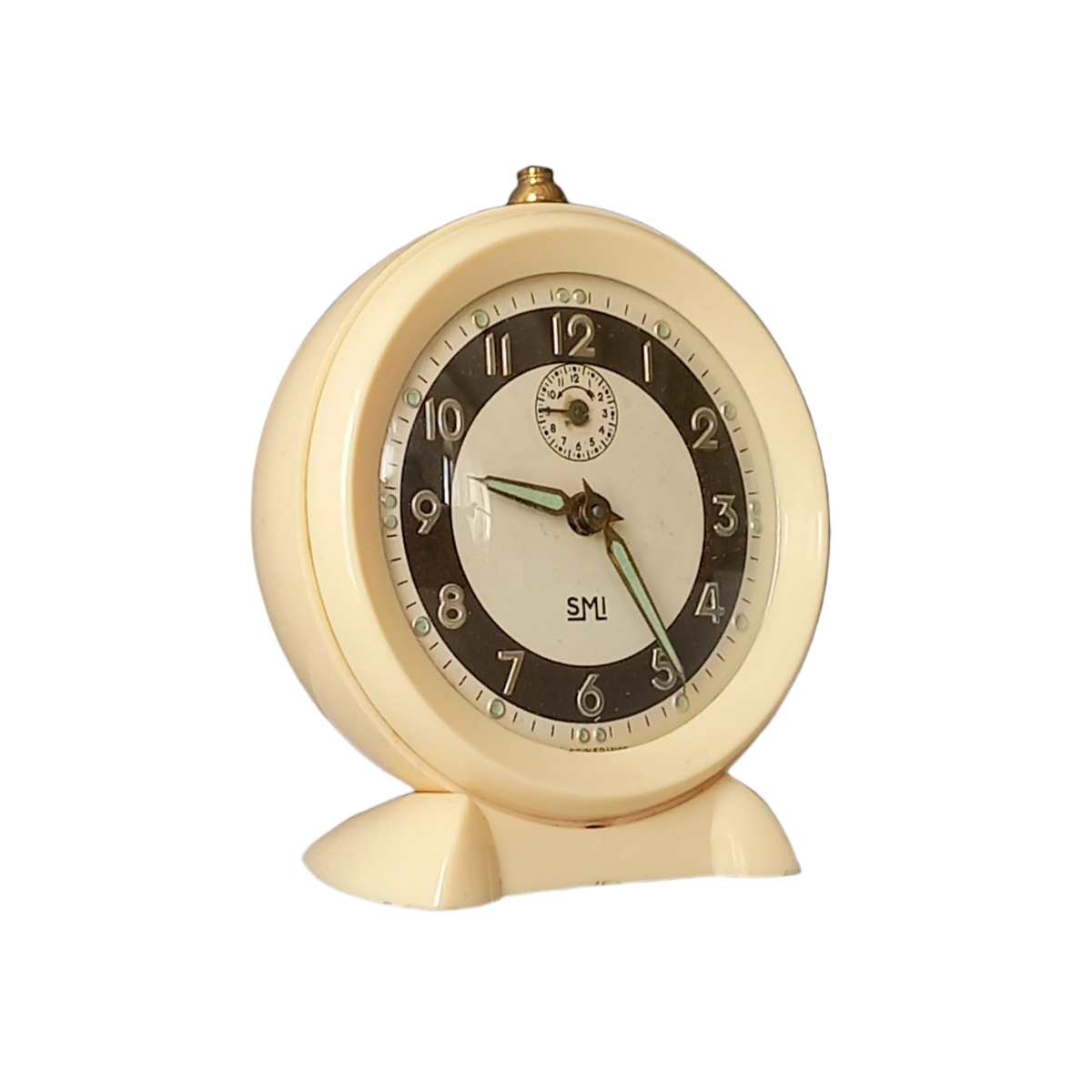 Réveil vintage crème français par SMI, horloge mécanique art déco
