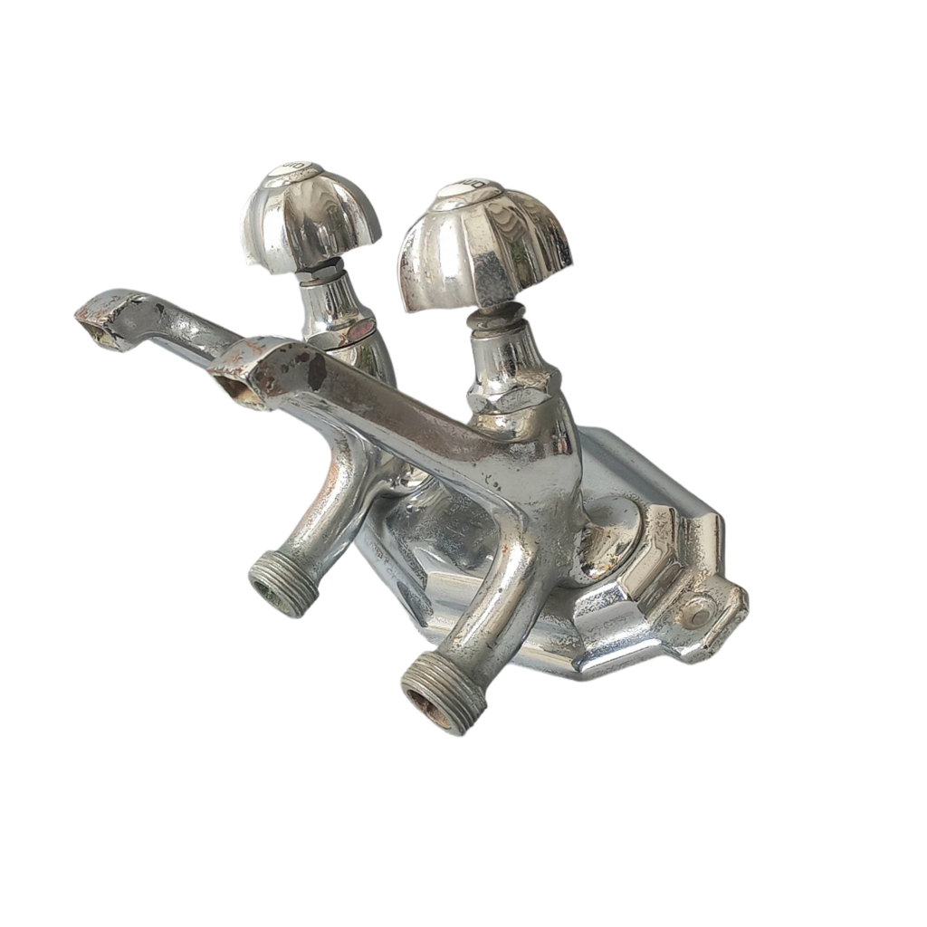 Stylish French vintage hot and cold faucet taps that are heavy, quality pieces probably dating from the 1930s time-frame. These old taps are being sold only as a restoration piece or project.