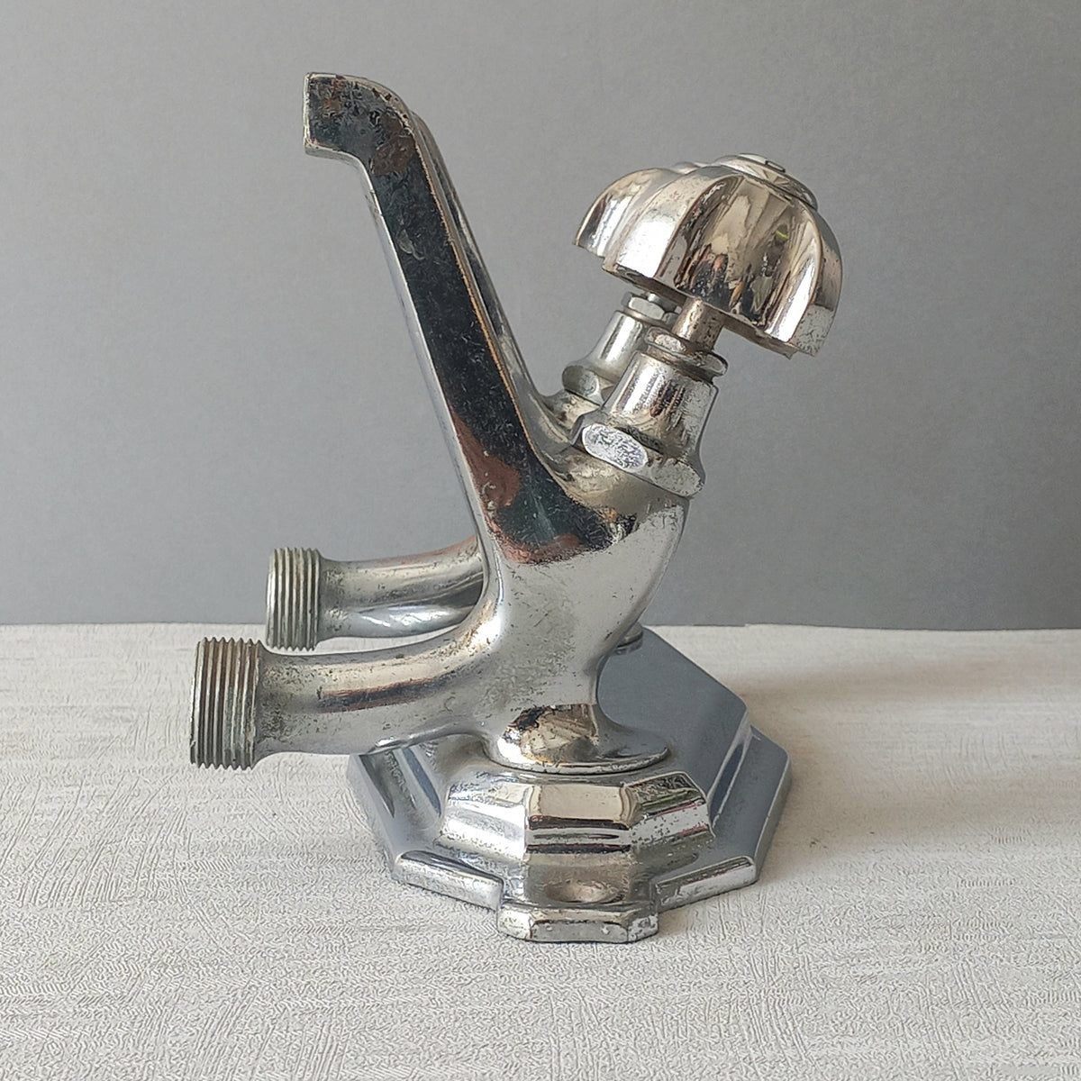 Stylish French vintage hot and cold faucet taps that are heavy, quality pieces probably dating from the 1930s time-frame. These old taps are being sold only as a restoration piece or project.