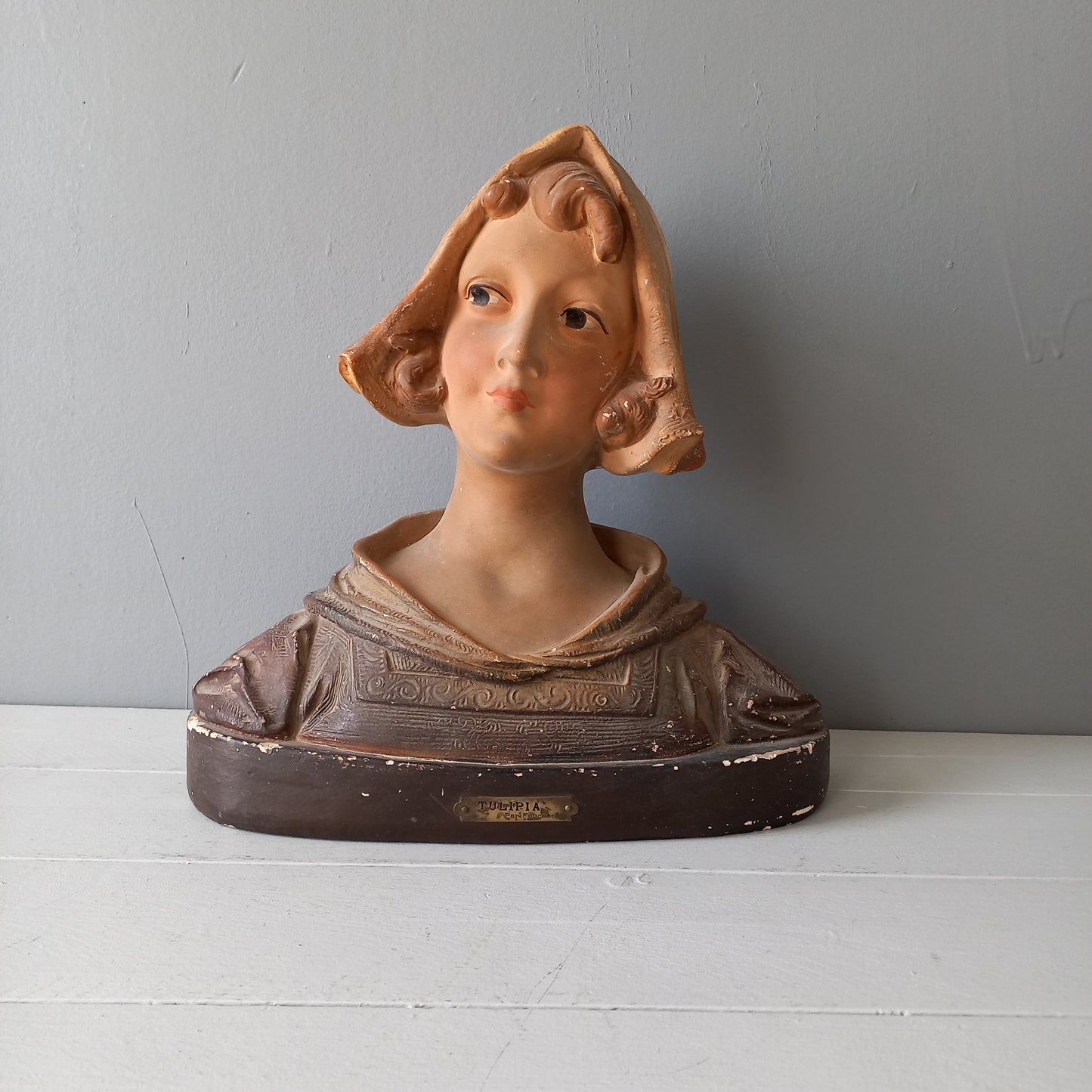 Large art Nouveau female bust figurine from France, large antique female figurine, girl's head statue