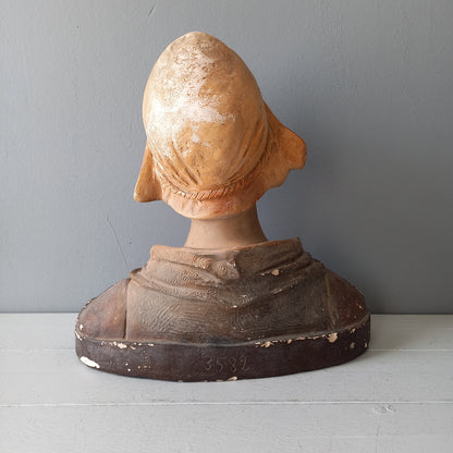 Large art Nouveau female bust figurine from France, large antique female figurine, girl's head statue