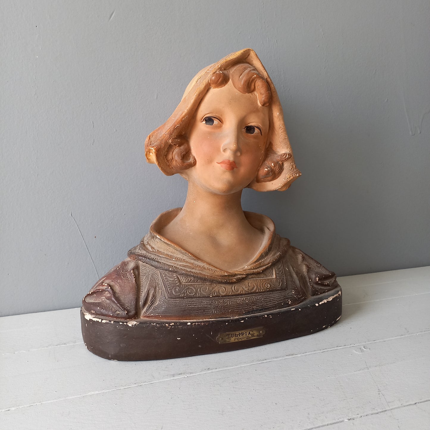 Large art Nouveau female bust figurine from France, large antique female figurine, girl's head statue