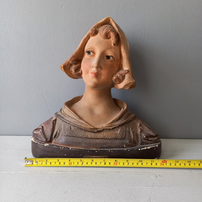 Large art Nouveau female bust figurine from France, large antique female figurine, girl's head statue