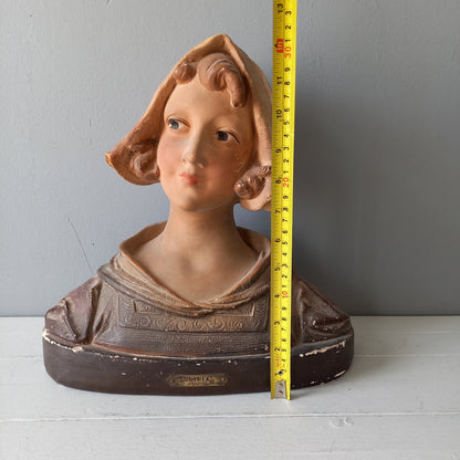 Large art Nouveau female bust figurine from France, large antique female figurine, girl's head statue