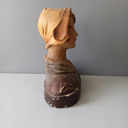 Large art Nouveau female bust figurine from France, large antique female figurine, girl's head statue