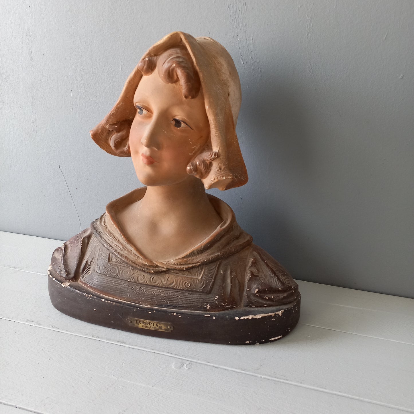 Large art Nouveau female bust figurine from France, large antique female figurine, girl's head statue