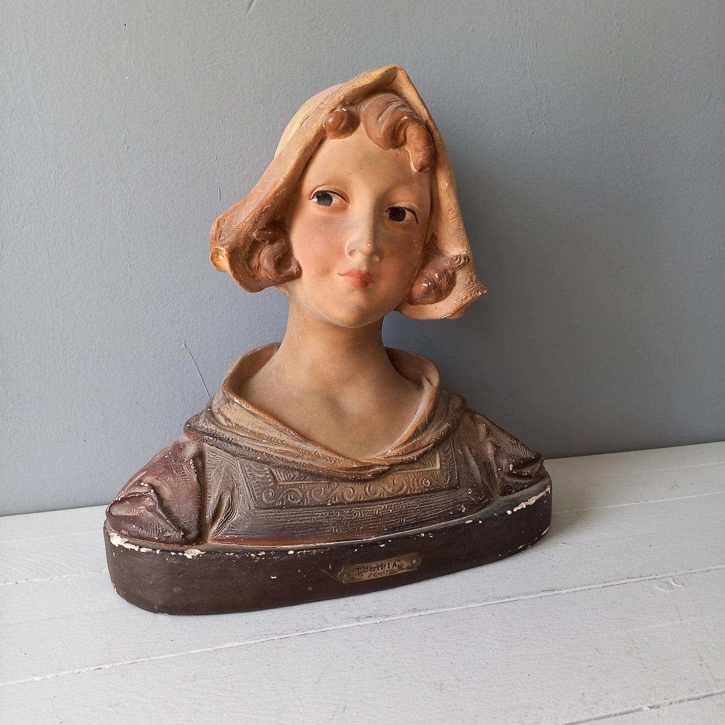 Large art Nouveau female bust figurine from France, large antique female figurine, girl's head statue