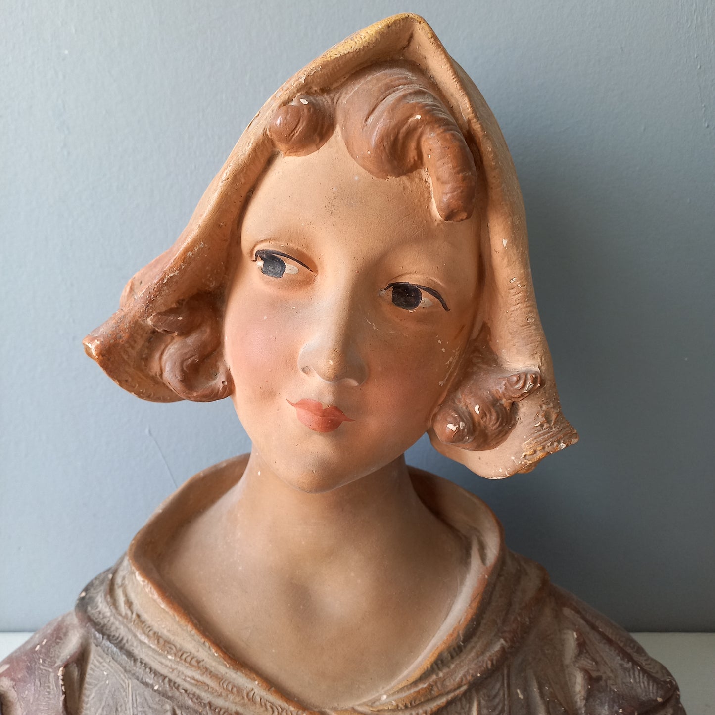 Large art Nouveau female bust figurine from France, large antique female figurine, girl's head statue