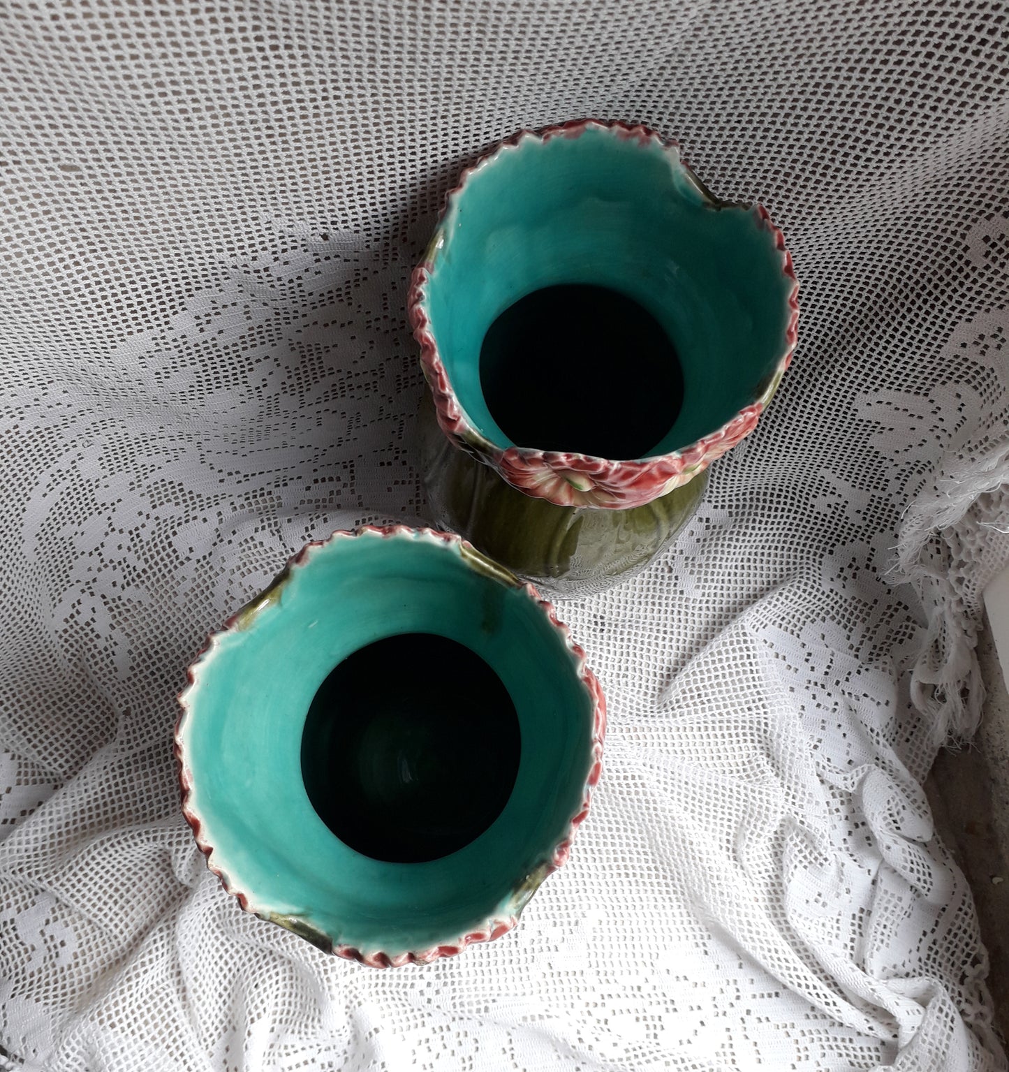 Pair of French vintage majolica vases, decorative vases, country home decor