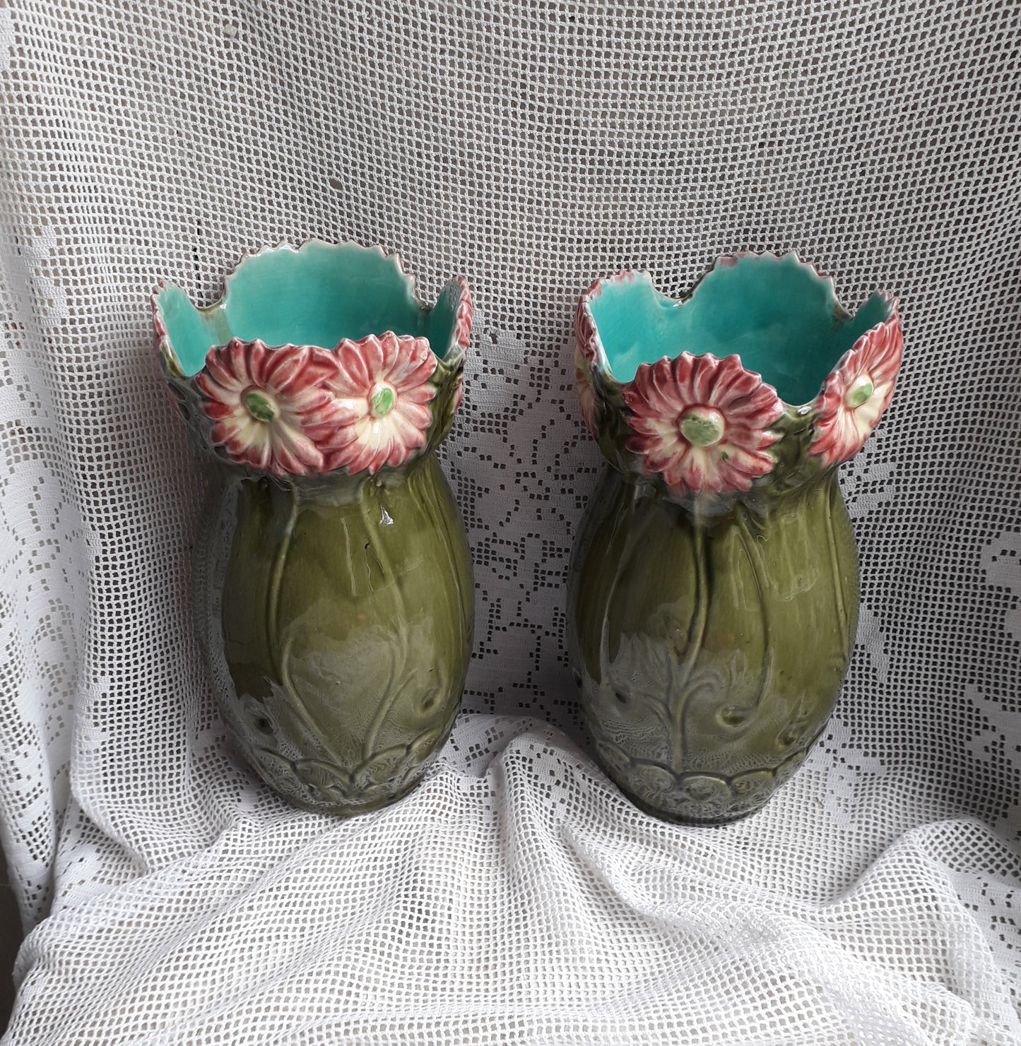 Pair of French vintage majolica vases, decorative vases, country home decor