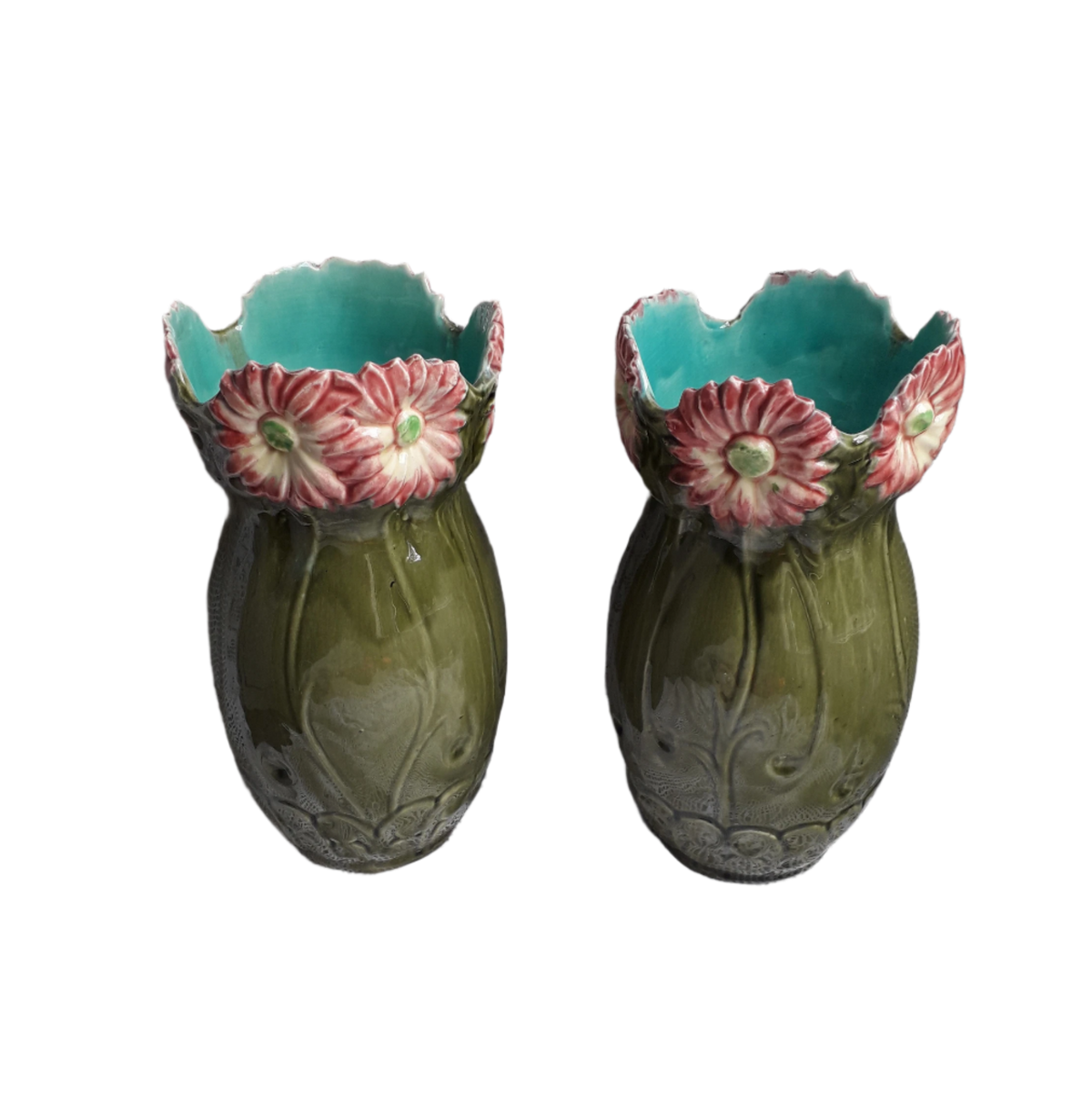 Pair of French vintage majolica vases, decorative vases, country home decor