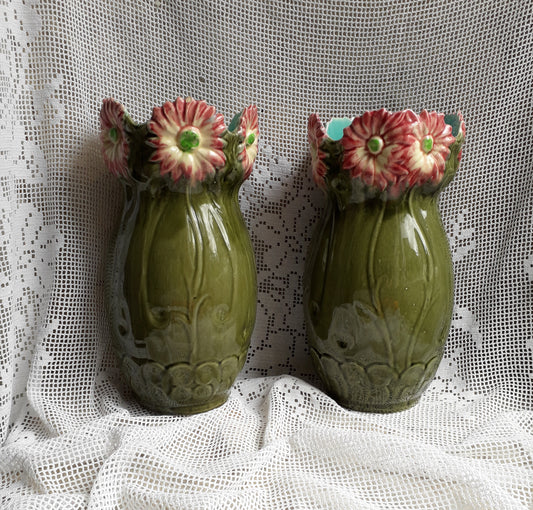 Pair of French vintage majolica vases, decorative vases, country home decor