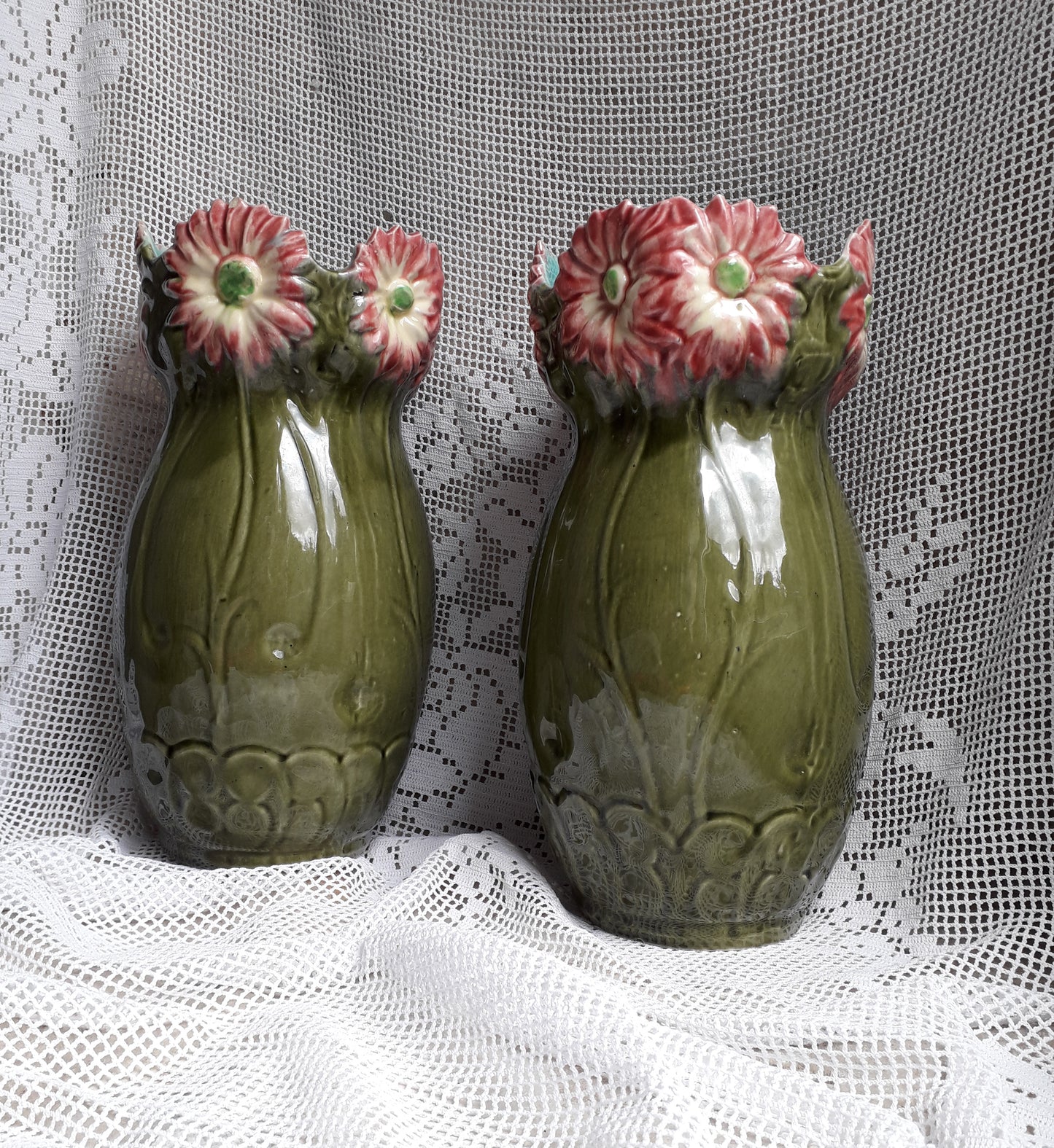 Pair of French vintage majolica vases, decorative vases, country home decor