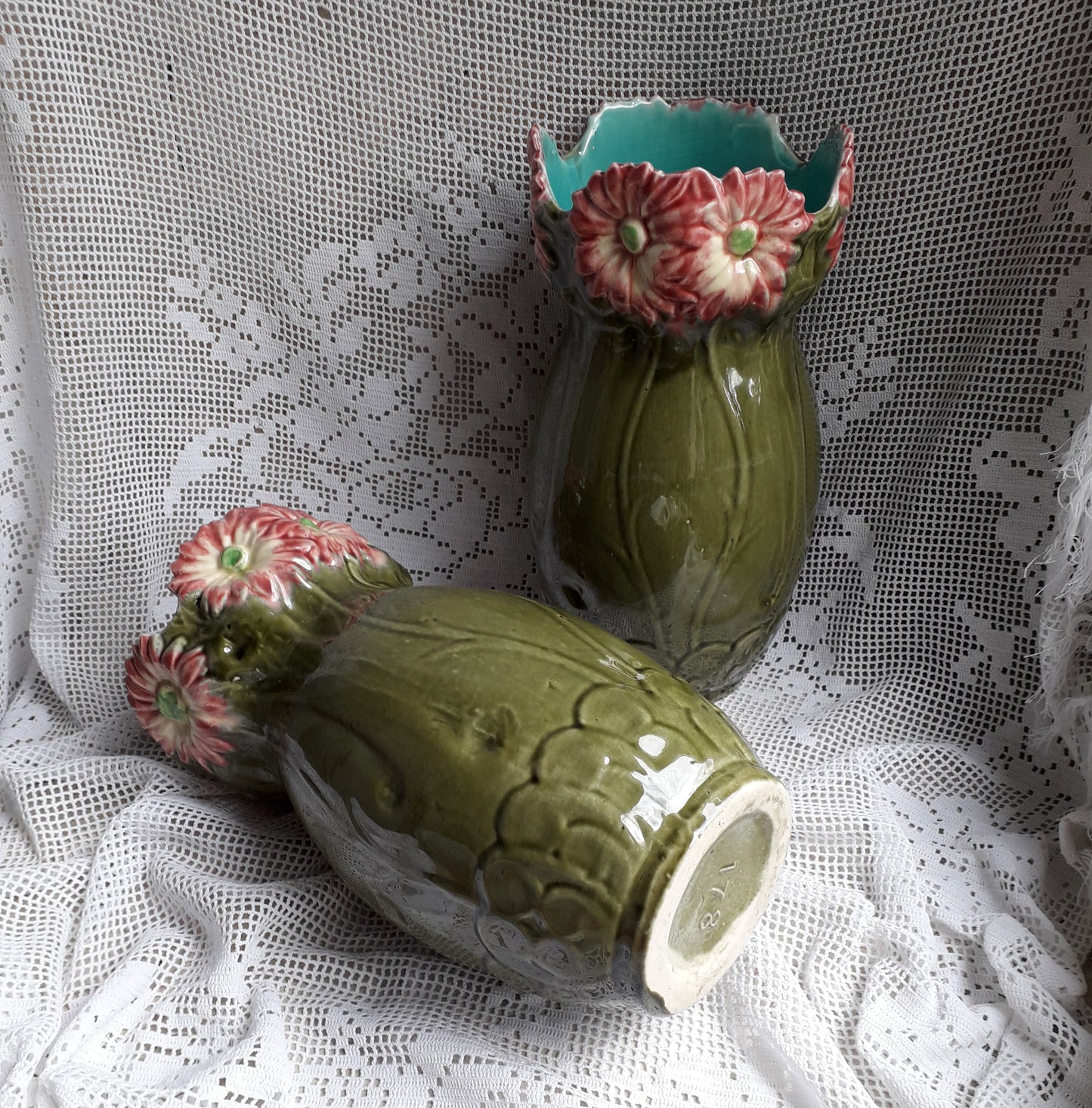 Pair of French vintage majolica vases, decorative vases, country home decor