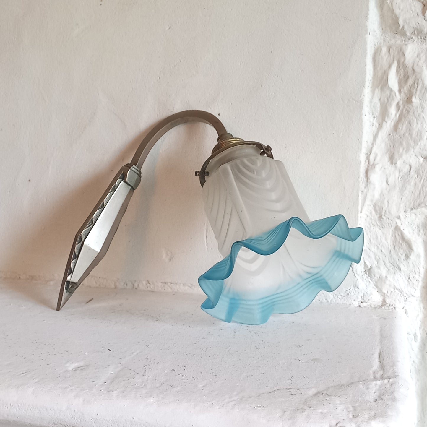 Antique wall lamp with white and blue tulip frosted glass lampshade, antique lighting from France,