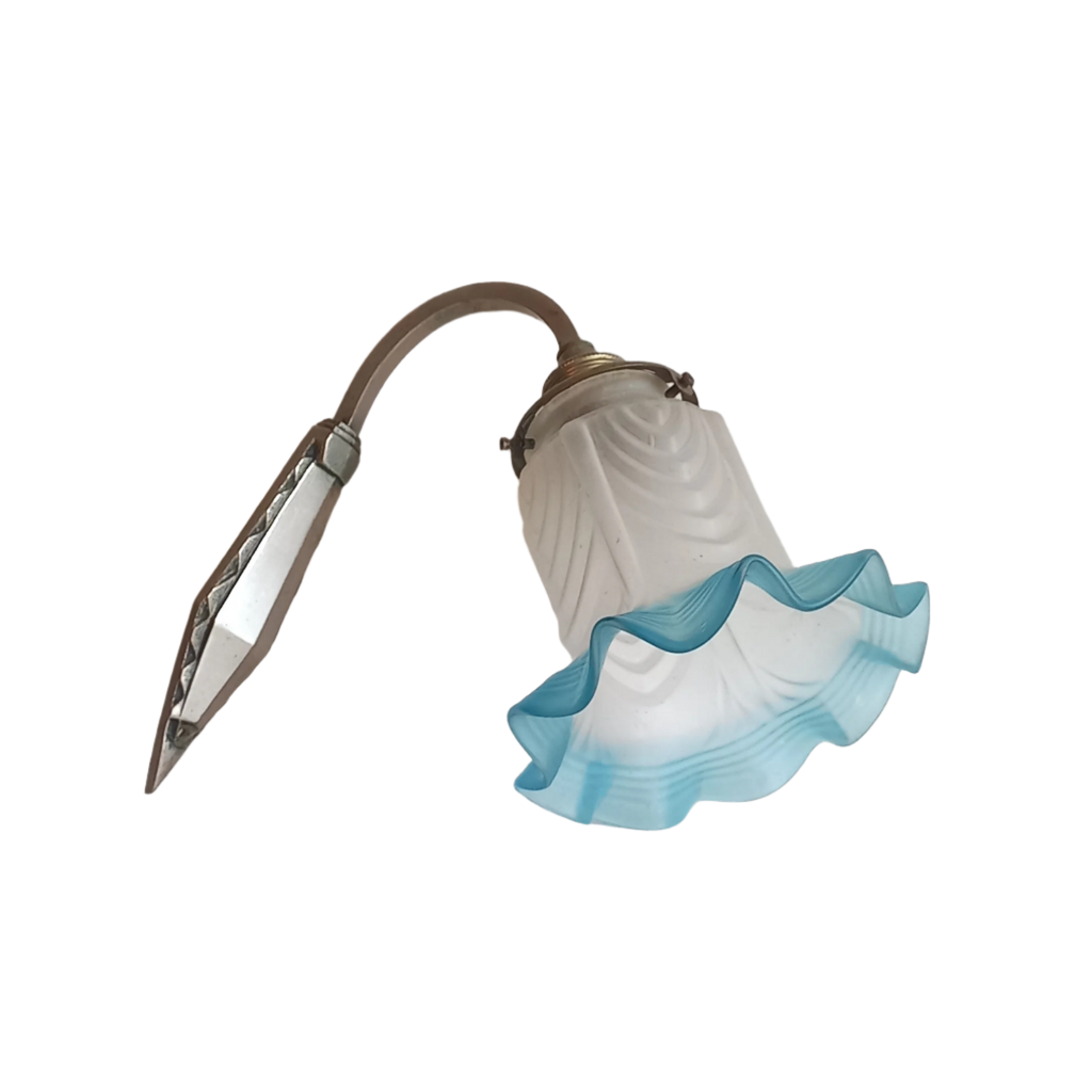 Antique Wall Light with White and Blue Tulip Frosted Glass Lampshade