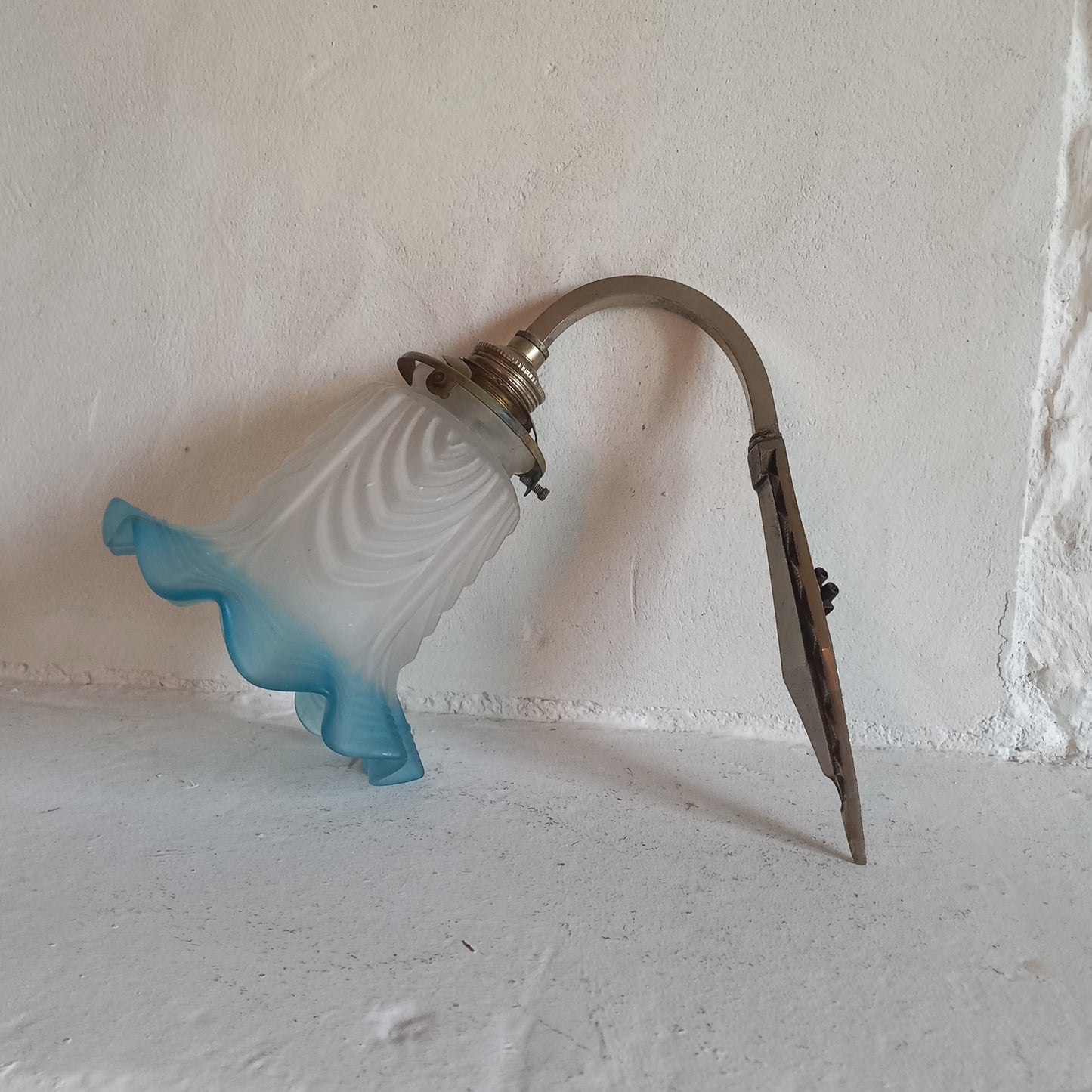 Antique wall lamp with white and blue tulip frosted glass lampshade, antique lighting from France,