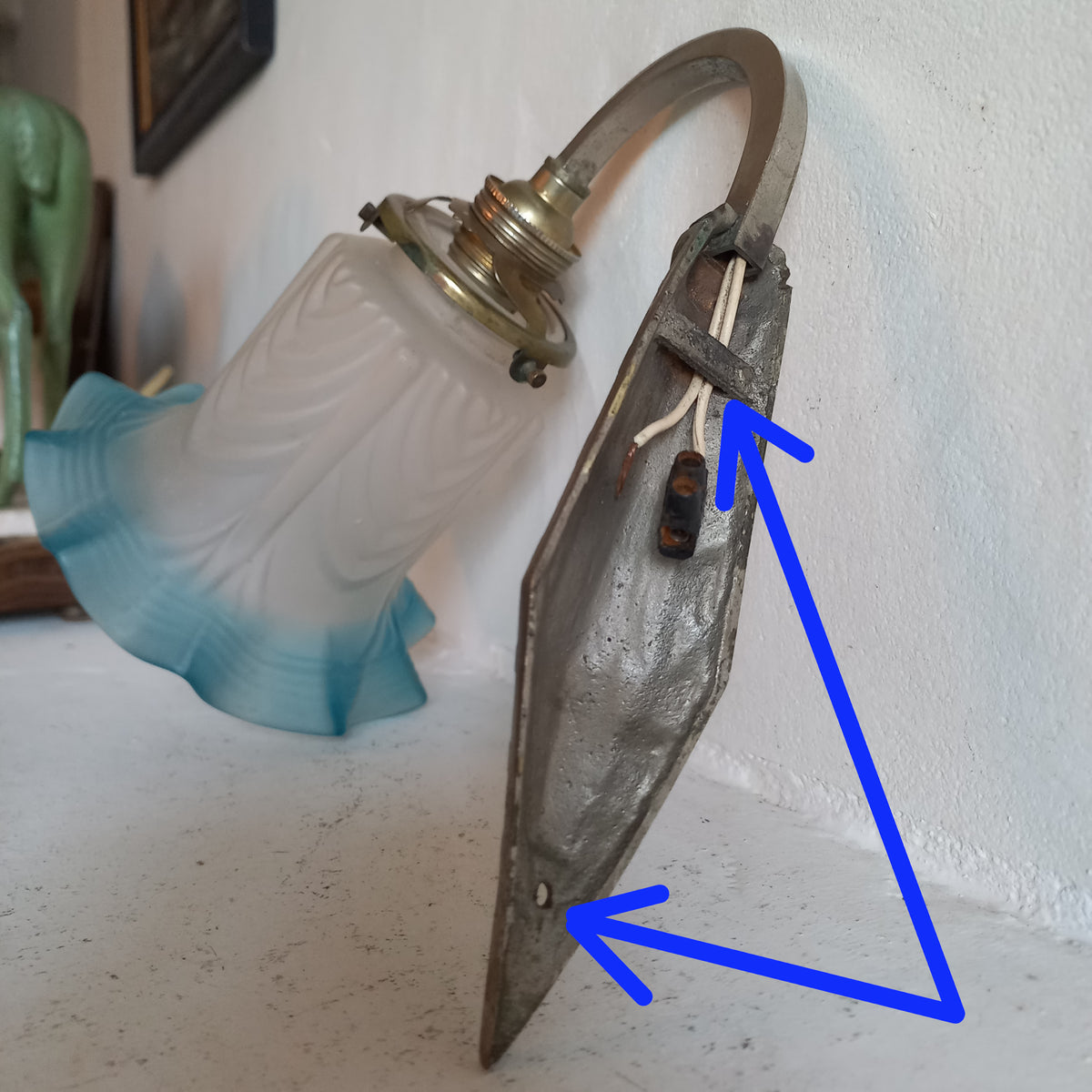 Antique Wall Light with White and Blue Tulip Frosted Glass Lampshade