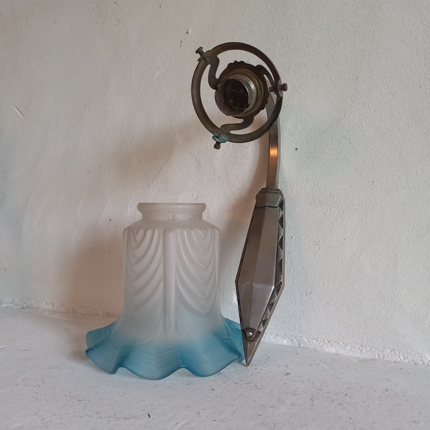 Antique wall lamp with white and blue tulip frosted glass lampshade, antique lighting from France,