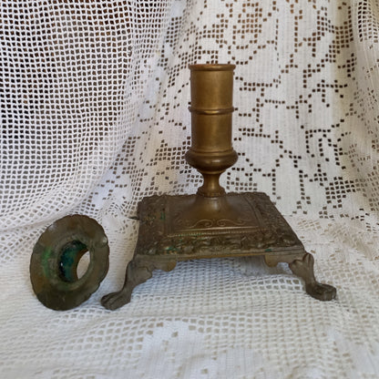 Small decorative brass candle stick holder with four little feet from France, antique shabby chic chamber stick