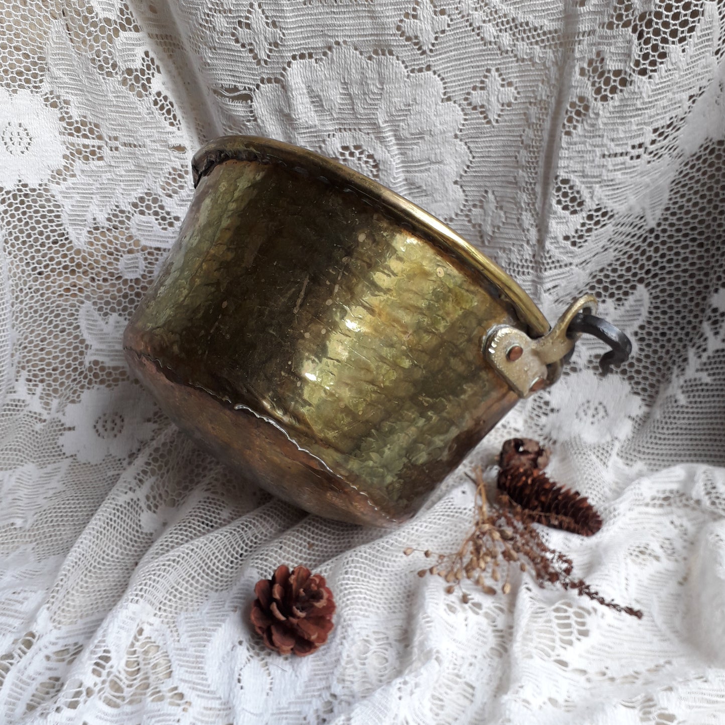 Antique brass planter or cauldron from France, Rustic decor, artisan made brass planter, farmhouse decor