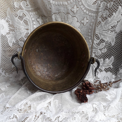 Antique brass planter or cauldron from France, Rustic decor, artisan made brass planter, farmhouse decor