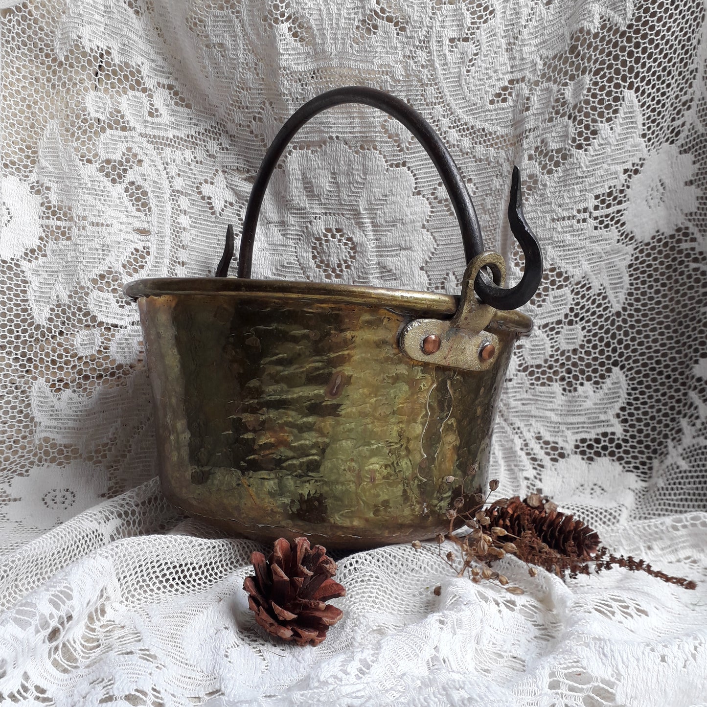 Antique brass planter or cauldron from France, Rustic decor, artisan made brass planter, farmhouse decor