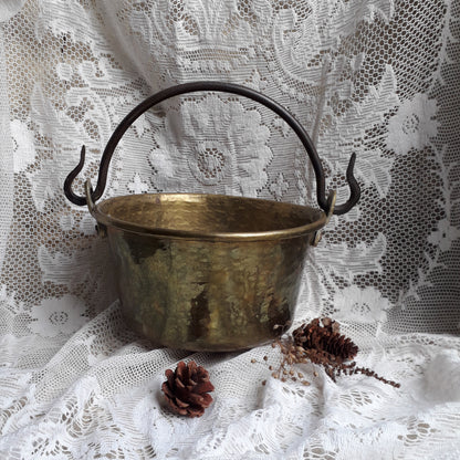 Antique brass planter or cauldron from France, Rustic decor, artisan made brass planter, farmhouse decor